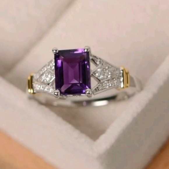 925 silver Gold Tone emerald cut amethyst Ring - Picture 1 of 2